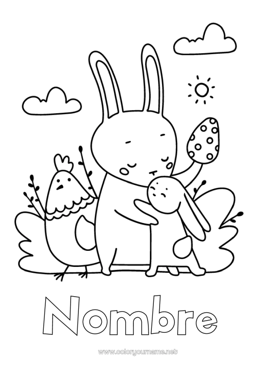 Dibujo para colorear para imprimir Papá Mamá Abuela Abuelo Gallina Primavera Conejo Animales Huevos de Pascua Dibujos fáciles para colorear Animales de granja Animales del bosque