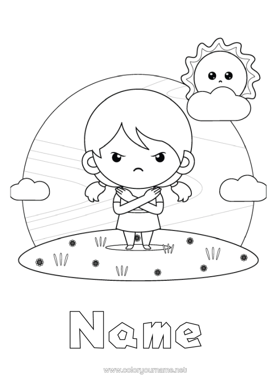 Colouring page to print Girl Child In A Bad Mood. Emotions Anger