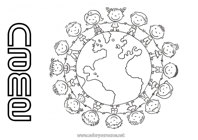 Coloring page to print Child Children's activities Geography Earth Earth Day World Map