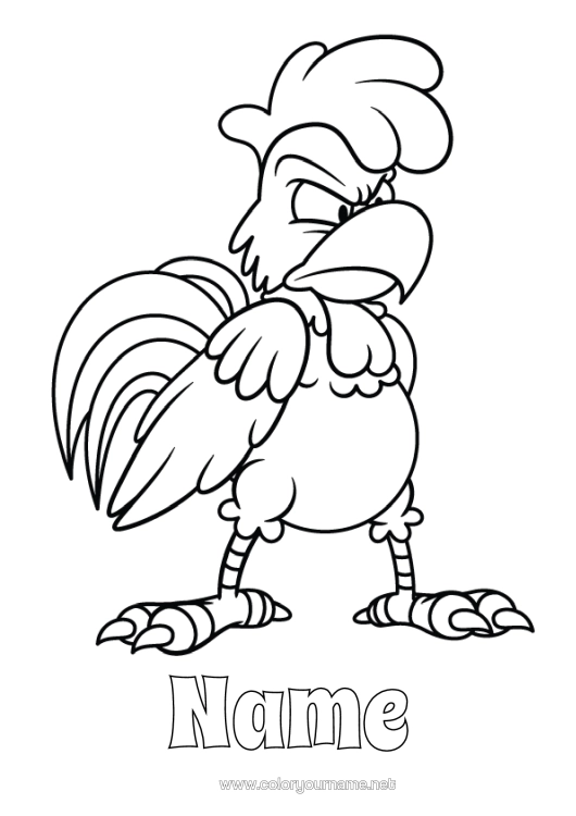 Colouring page to print Animal Rooster Farm Intermediate Colouring Sheets In A Bad Mood. Farm Animals Emotions Anger