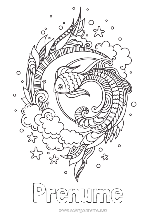 Pagină de colorat de imprimat Mandala Animal Pește Desene de colorat complexe Animale marine sau acvatice