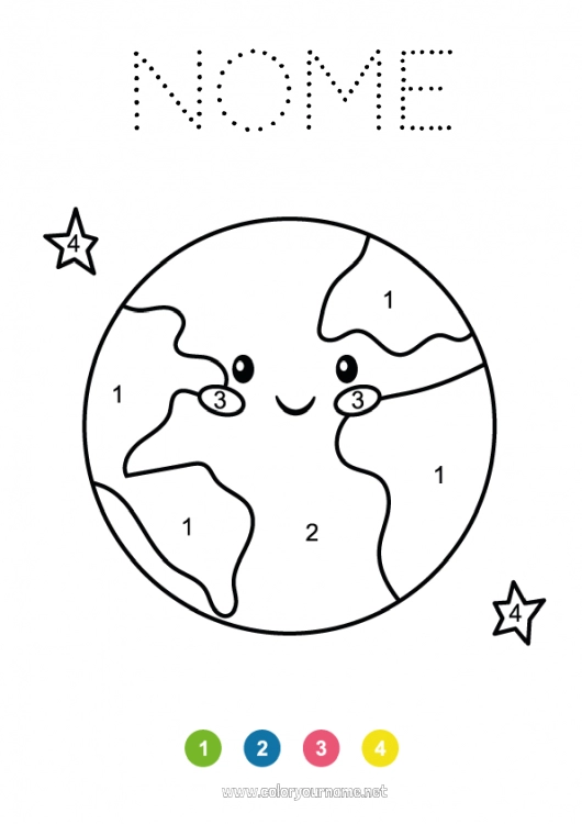 Página de desenho para imprimir Fofo Kawaii Número Atividades para Crianças Geografia Espaço Planetas e sistema solar Desenhos para colorir fáceis Terra Dia da Terra Astronomia