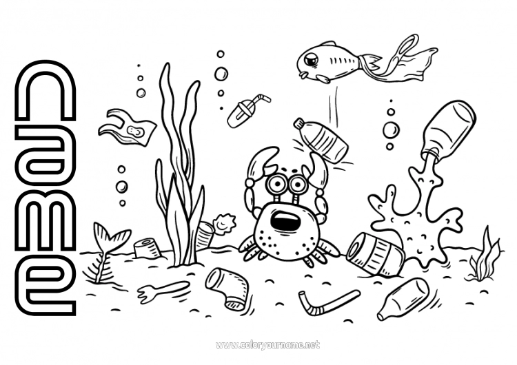 Coloring page to print Sea Ecology Fish Crab Marine or aquatic animals Earth Day