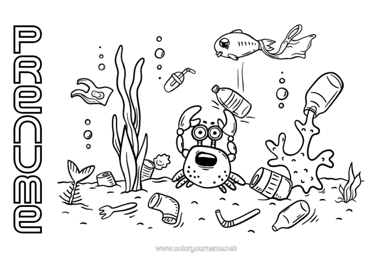 Pagină de colorat de imprimat Mare Ecologie Pește Crab Animale marine sau acvatice Ziua Pământului