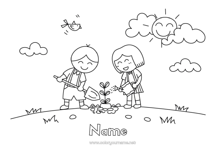 Colouring page to print Spring Ecology Child Children's Activities Tree Earth Day Gardening