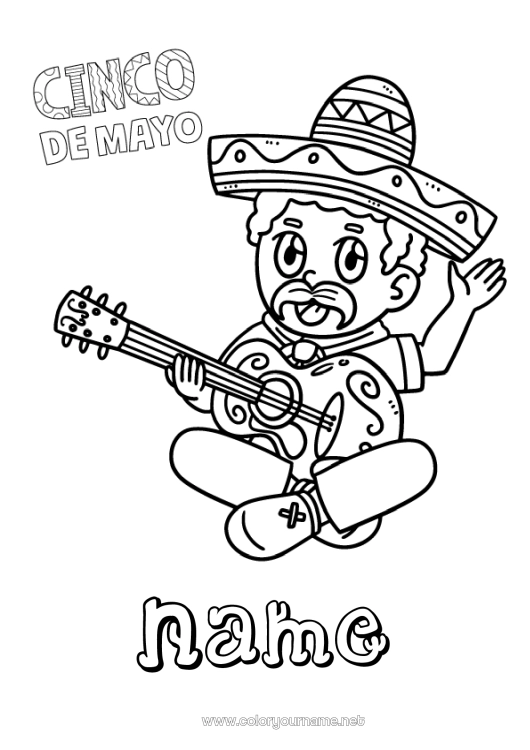 Coloring page to print Grandpa Music Mexico Cinco de Mayo World Music Day Sombrero