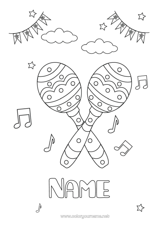 Coloring page to print Music Mexico Cinco de Mayo World Music Day Maracas Musical instruments