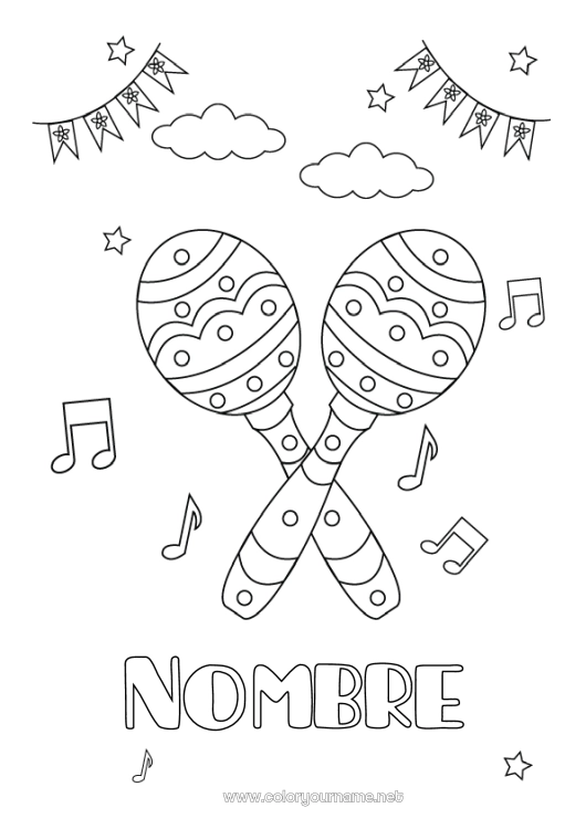 Dibujo para colorear para imprimir Música México Cinco de Mayo Día Mundial de la Música Maracas Instrumentos de música