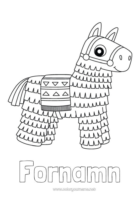 Färgläggningssida att skriva ut Häst Djur Mexiko Lätta målarbilder Gårdsdjur Cinco de Mayo Piñata