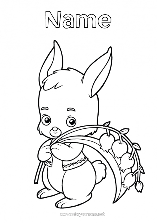 Coloring page to print Flowers Spring Bunny Lily of the valley 1st may Forest animals