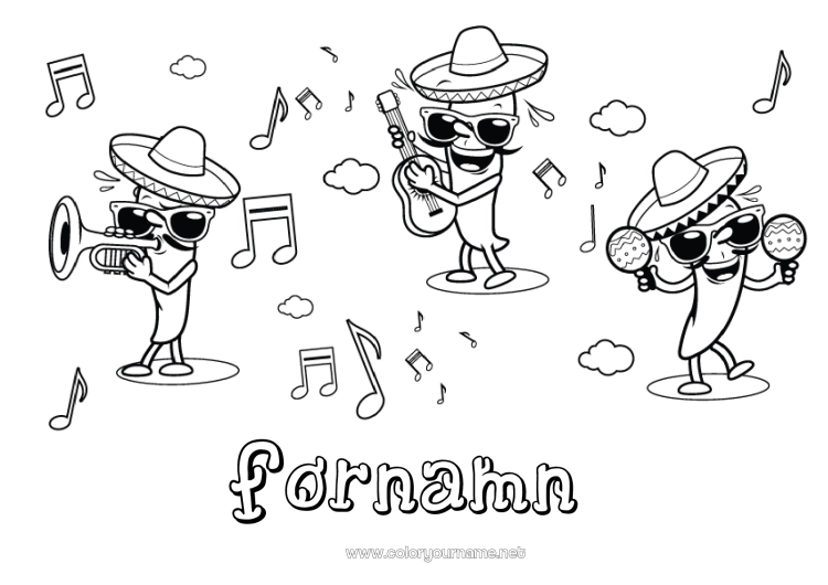 Färgläggningssida att skriva ut Musik Mexiko Cinco de Mayo Musikens dag Gitarr Maracas Musikinstrumenter Sombrero