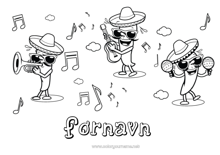 Fargeleggingssiden til utskrift Musikk Mexico Cinco de Mayo Musikkens dag Gitar Maracas Musikkinstrumenter Sombrero