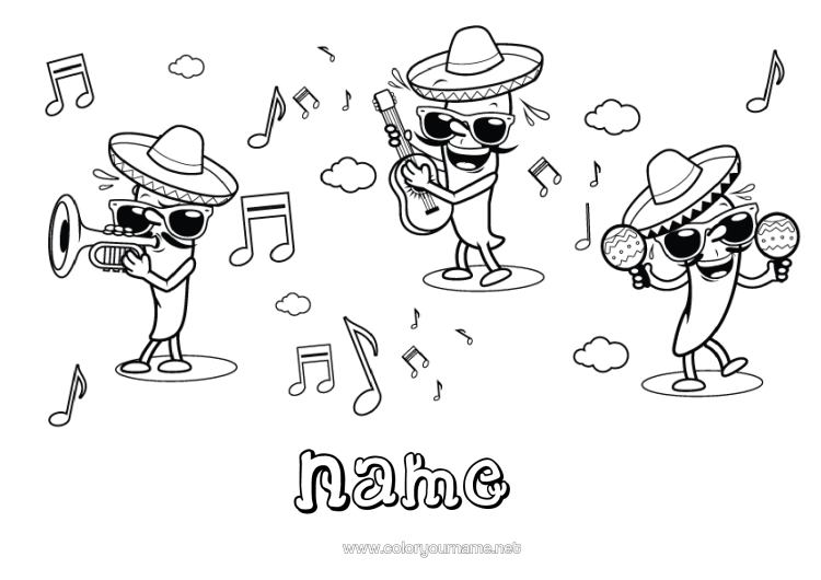 Colouring page to print Music Mexico Fifth Of May Music Day Guitar Maracas Musical Instruments Sombrero Chilli