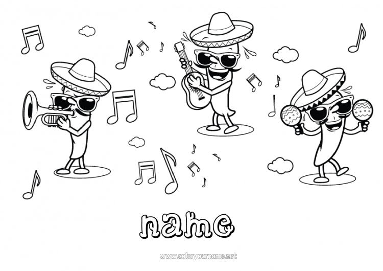 Coloring page to print Music Mexico Cinco de Mayo World Music Day Guitar Maracas Musical instruments Sombrero