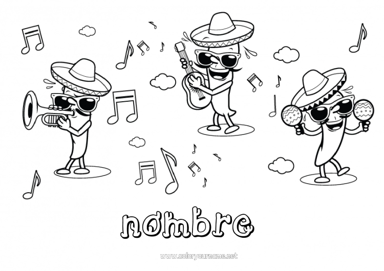 Dibujo para colorear para imprimir Música México Cinco de Mayo Día Mundial de la Música Guitarra Maracas Instrumentos de música Sombrero