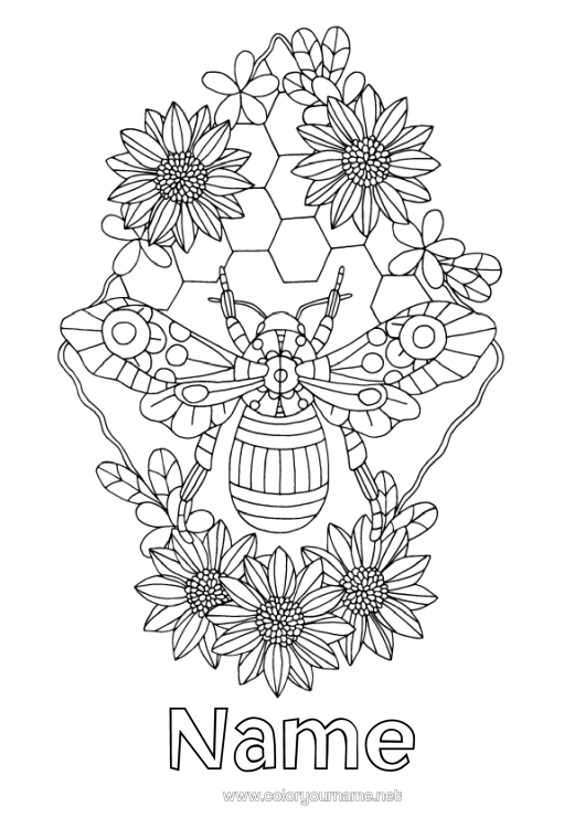 Colouring page to print Flowers Animal Wasp Daisy Insects