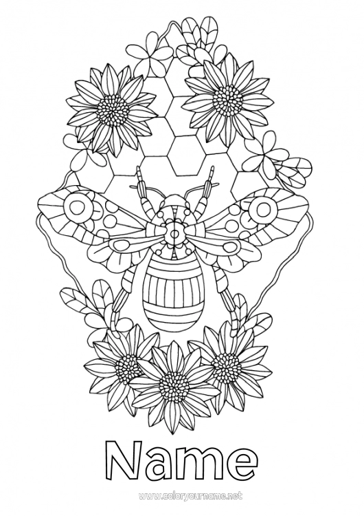 Coloring page to print Flowers Animal Wasp Daisy Insects