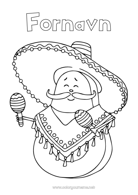 Farvelægningssiden til udskrivning Mad Musik Mexiko Frugter Cinco de Mayo Advokat Musikfest Maracas Musikinstrumenter Sombrero