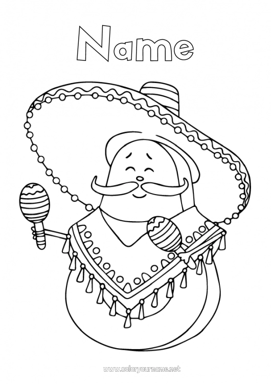 Coloring page to print Food Music Mexico Fruits Cinco de Mayo Avocado World Music Day Maracas Musical instruments Sombrero