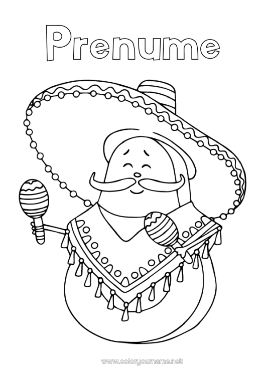 Pagină de colorat de imprimat Mâncare Muzică Mexic Fructe Cinco de Mayo Avocat Sărbătoarea muzicii Maracas Instrumente muzicale Sombrero