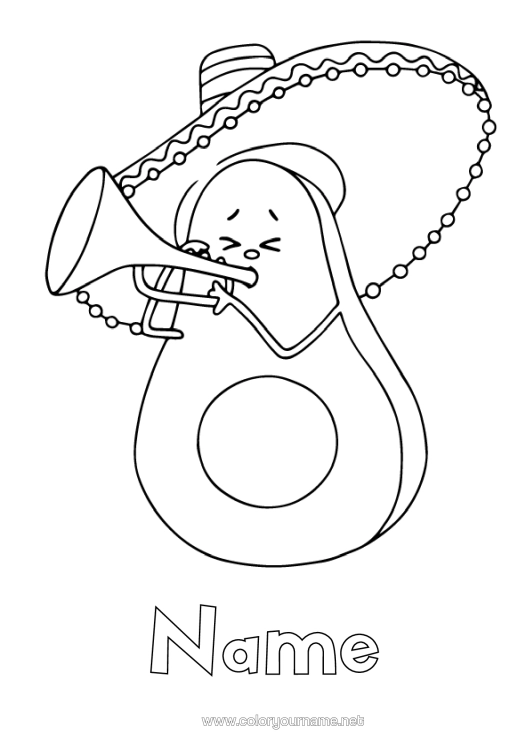 Colouring page to print Food Music Mexico Fruit Fifth Of May Lawyer Music Day Musician Crafts. Sombrero