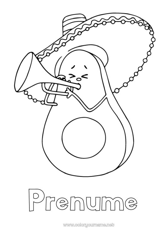 Pagină de colorat de imprimat Mâncare Muzică Mexic Fructe Cinco de Mayo Avocat Sărbătoarea muzicii Muzician Meserii de artă Sombrero