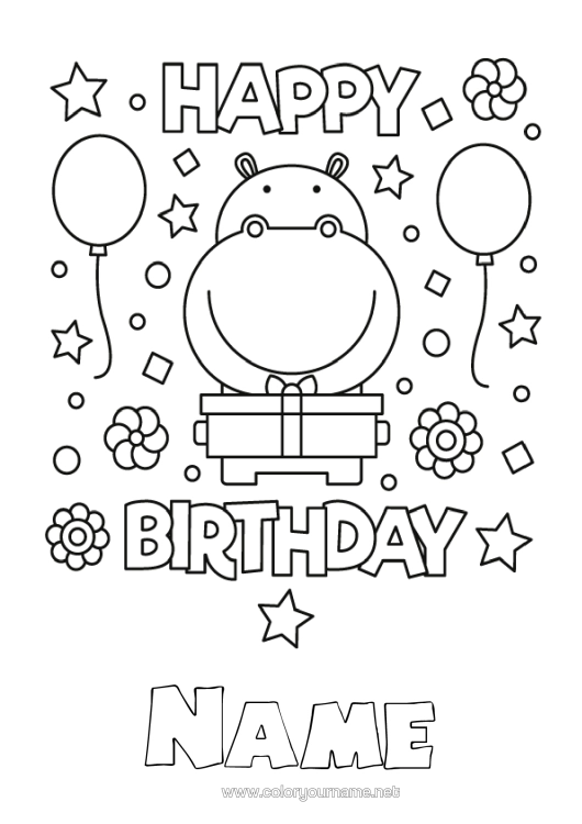 Colouring page to print Birthday Hippopotamus Animal Easy Colouring Pages Wild Animals Of Africa