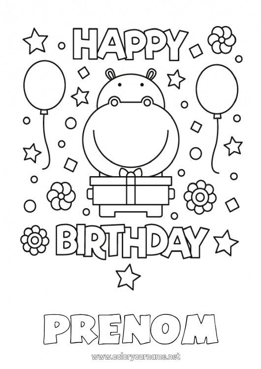 Coloriage à imprimer Anniversaire Hippo Animal Coloriages faciles Animaux sauvages d'Afrique