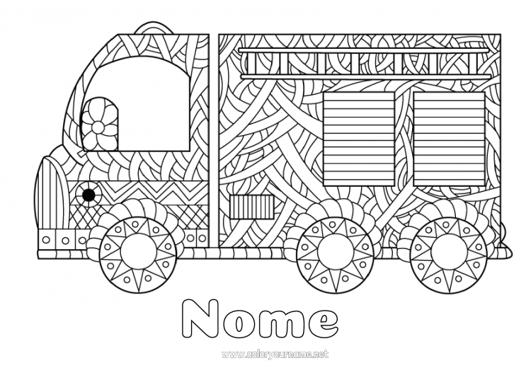 Página de desenho para imprimir Mandala Caminhão Veículos Bombeiro Colorações Complexas Caminhão de bombeiros Veículos de resgate e emergência Camions et véhicules utilitaires Profissões de Segurança Veículos Personagens