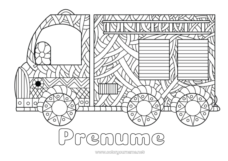 Pagină de colorat de imprimat Mandala Camion Vehicule Pompier Desene de colorat complexe Camion de pompieri Vehicule de salvare și urgență Camioane și vehicule utilitare Meserii în domeniul securității Vehicule personaje