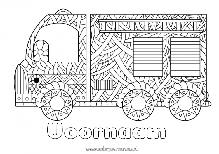 Kleurplaat om af te drukken Mandala Vrachtwagen Voertuigen Brandweerman Complex Kleurplaten Brandweerwagen Nood- en hulpvoertuigen Vrachtwagens en bedrijfsvoertuigen Veiligheidsberoepen Voertuigpersonages