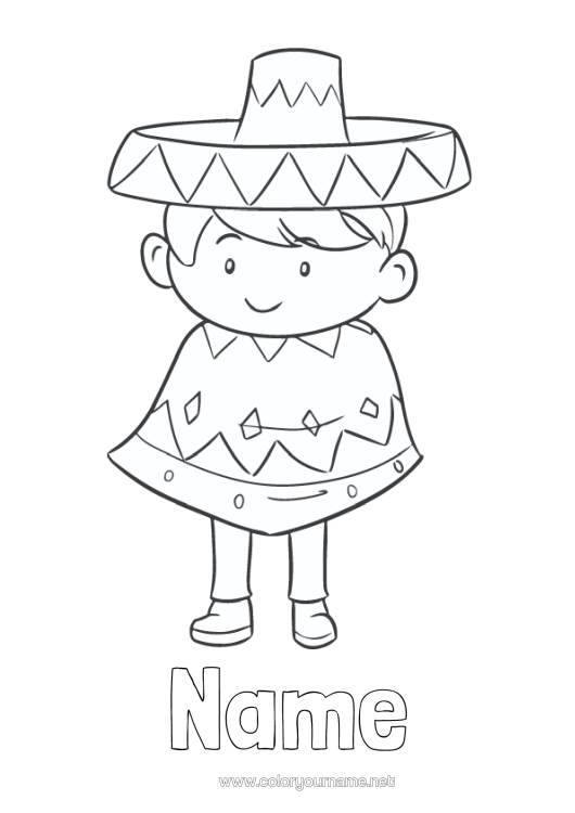 Colouring page to print Boy Mexico Fifth Of May Sombrero