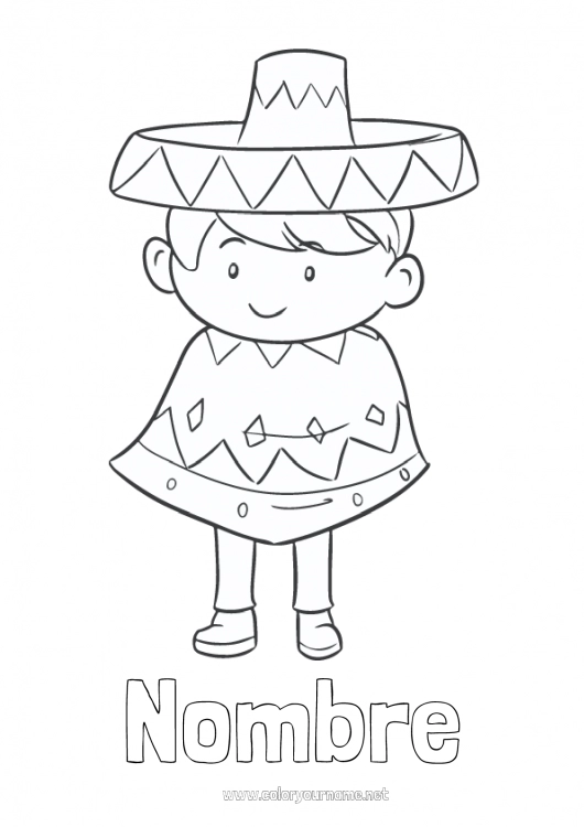 Dibujo para colorear para imprimir Chico México Cinco de Mayo Sombrero