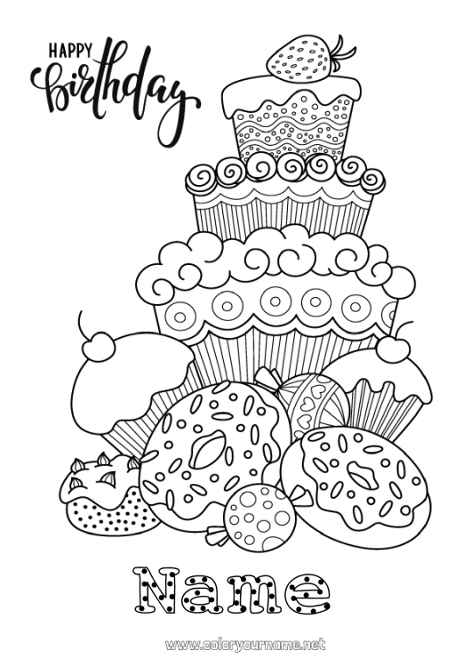 Coloring page to print Cake Birthday Kawaii Donuts Complex coloring pages Happy Birthday (English) Message