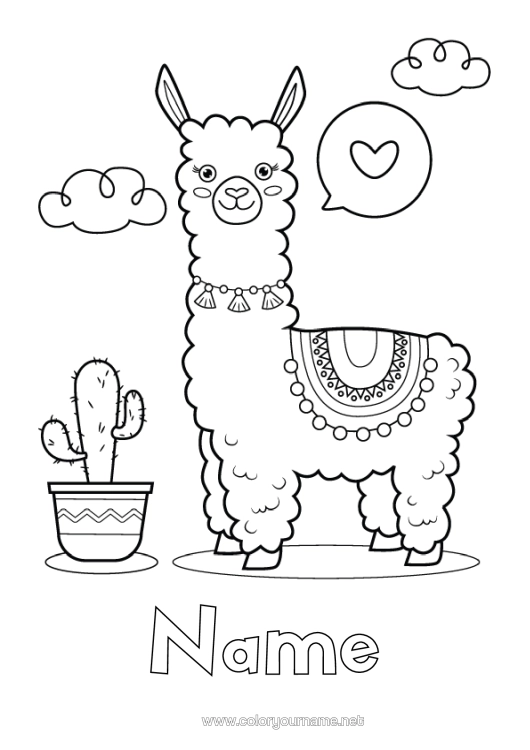 Colouring page to print Animal Llama Cactus Mexico Other Animals Of The World Fifth Of May