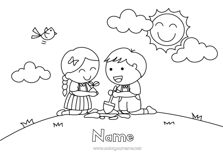 Colouring page to print Girl Boy Spring Child Tree Earth Day Gardening
