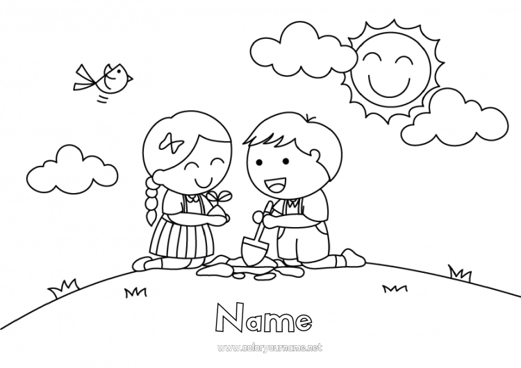 Coloring page to print Girl Boy Spring Child Tree Earth Day