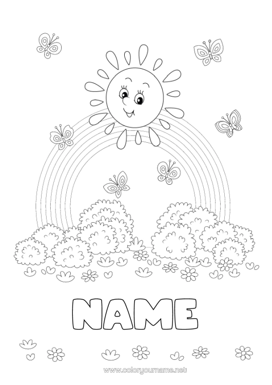 Colouring page to print Summer Spring Sun Butterfly Rainbow Insects
