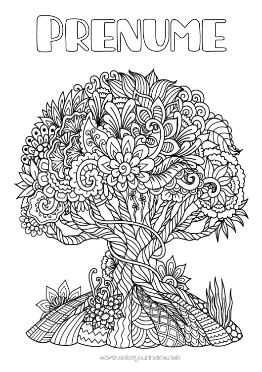 Pagină de colorat de imprimat Liniștit și zen Mandala Copac Desene de colorat complexe Anti-stres