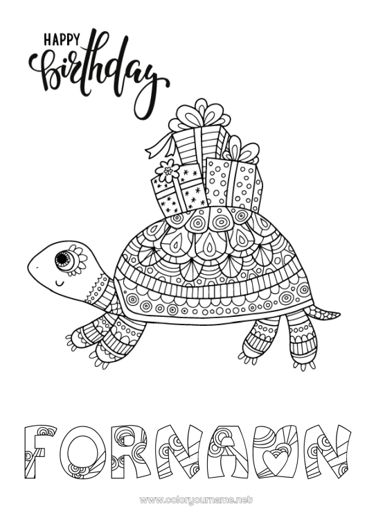 Färgläggningssida att skriva ut Födelsedag Mandala Sköldpadda Djur Komplexa målarbilder Grattis på födelsedagen! Reptiler Landsköldpadda