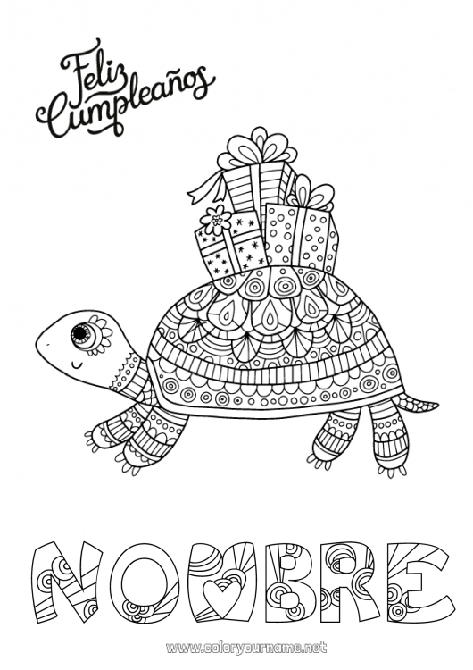 Dibujo para colorear para imprimir Cumpleaños Mandala Tortuga Animales Dibujos complejos para colorear Mensaje de feliz cumpleaños (inglés) Reptiles