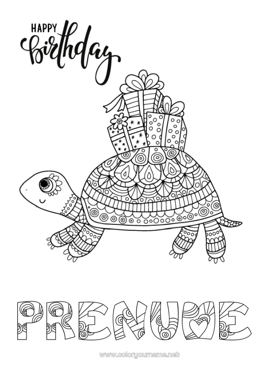 Pagină de colorat de imprimat Aniversare Mandala Broască țestoasă Animal Desene de colorat complexe La mulți ani! Reptile Broască țestoasă terestră