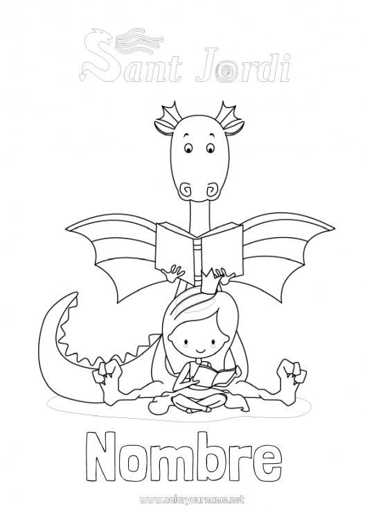 Dibujo para colorear para imprimir Fiesta Dragón Princesa España Dragones, unicornios y animales fantásticos Sant Jordi