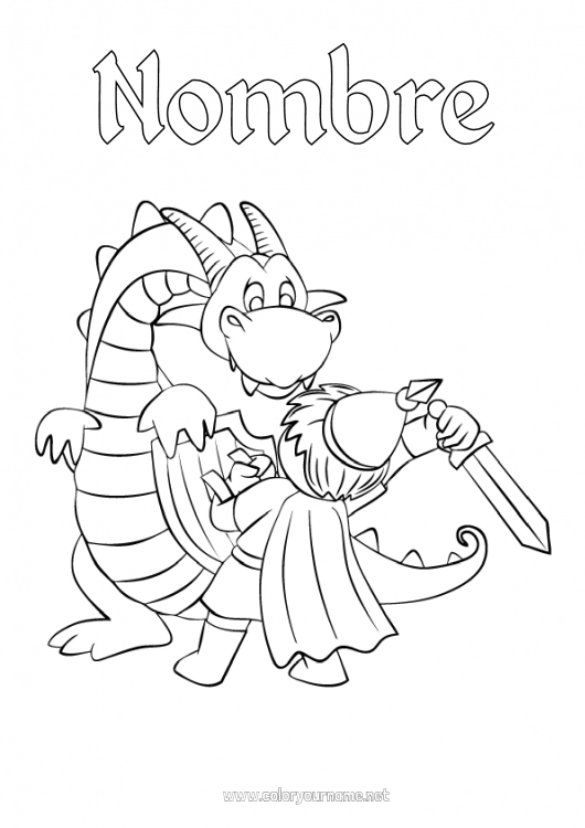 Dibujo para colorear para imprimir Dragón Caballero Dragones, unicornios y animales fantásticos Sant Jordi