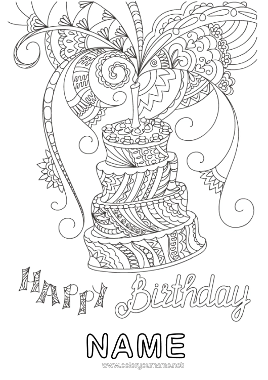 Colouring page to print Cake Birthday Mandala Complex Colouring Pages Happy Birthday Message