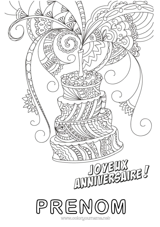 Coloriage à imprimer Gâteau Anniversaire Mandala Coloriages complexes Joyeux anniversaire (français) Message