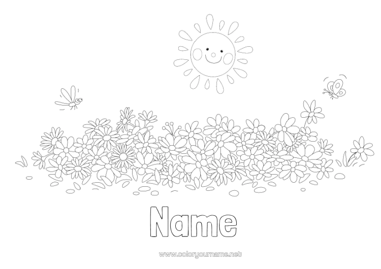 Colouring page to print Flowers Summer Spring Sun Insects Dragonfly