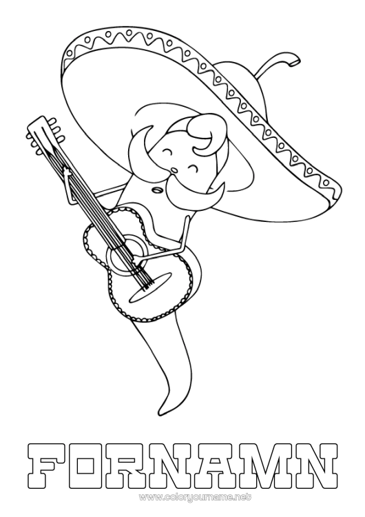Färgläggningssida att skriva ut Musik Hatt Mexiko Cinco de Mayo Musikens dag Gitarr Musikinstrumenter Sombrero