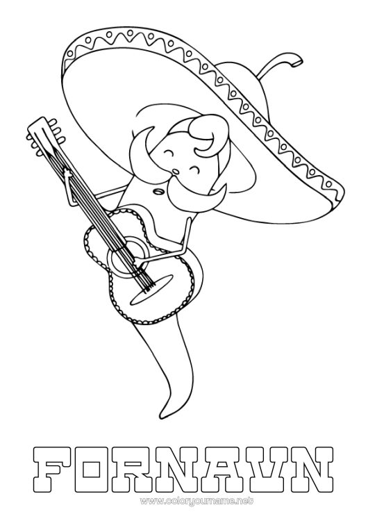 Farvelægningssiden til udskrivning Musik Hat Mexiko Cinco de Mayo Musikfest Guitar Musikinstrumenter Sombrero