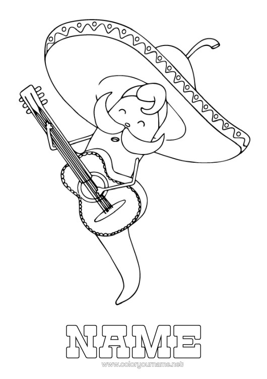 Colouring page to print Music Hat Mexico Fifth Of May Music Day Guitar Musical Instruments Sombrero Chilli